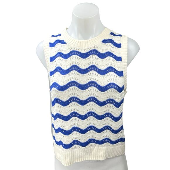 H&M Divided White Blue Pointelle Knit Crochet Striped Sweater Vest Tank Top Sz M - Picture 1 of 4